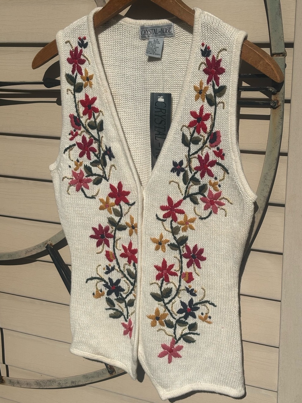 Crystal-Kobe Floral Embroidered Beaded Sweater Vest Ivory S/P NWT